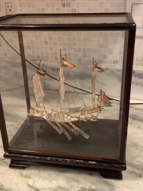 Sterling 925 Silver Detailed Model Boat Ship in glass case Chinese junk boat