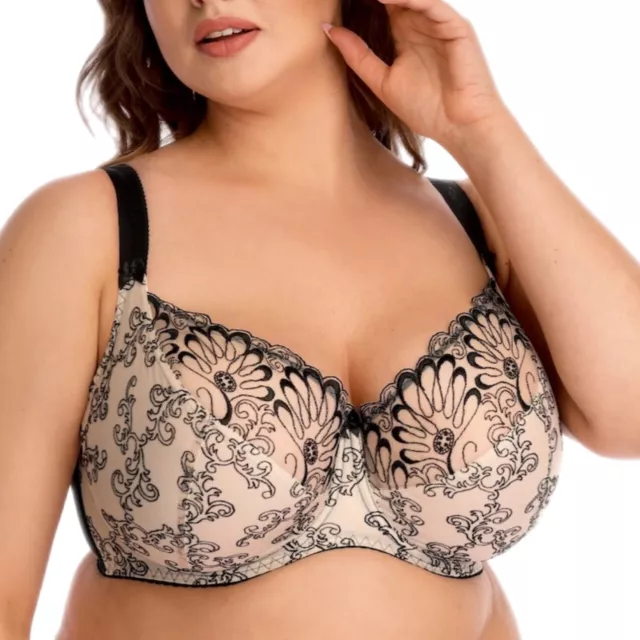 Black lace firm support bra cup D-S plus size big boobs BBW sexy full  figure