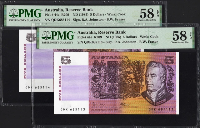 Australia 2 x 5 Dollars P44e R209 1985 Johnston Fraser PMG58 Choice aUNC EPQ SET