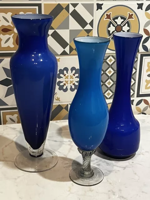 Vintage Mid Century Blue Art Glass Vases Job Lot Retro Collectors 3