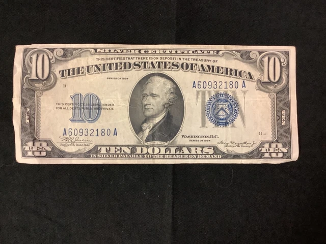 1934 Ten Dollar Blue Seal Note Silver Certificate Old US Bill $10 Money Currency