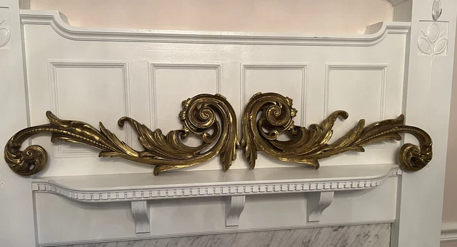 architectural Pediment French Style Scrolls Gold Gilt Pair Wall Sconces