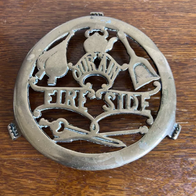 Antique Victorian Greenlees of Glasgow brass fireside trivet  Our Ain Fireside