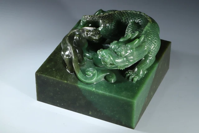 Chinese Exquisite Handmade Dragon Carving Hetian Jade Green Jade Statue Seal