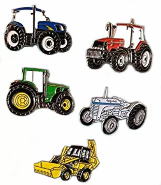 Tractor Diggers Set of 5 Metal Enamel Pin Badge Farmyard Countryside