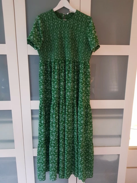 ZARA L GREEN Floral Shirred Long Maxi Tiered Dress 31.00 - PicClick UK