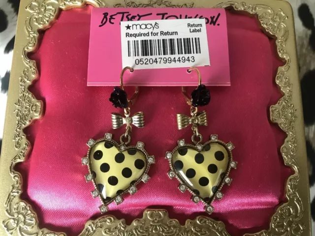 Betsey Johnson Miami Chic Black Ivory White Lucite Heart Polka Dot Rose Earrings