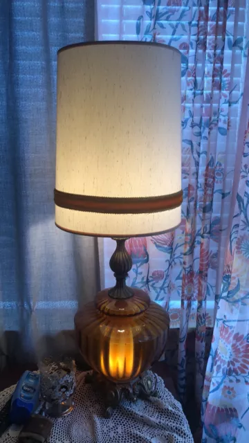 mid century table lamp pair Hollywood Regency Amber glass also includes shades