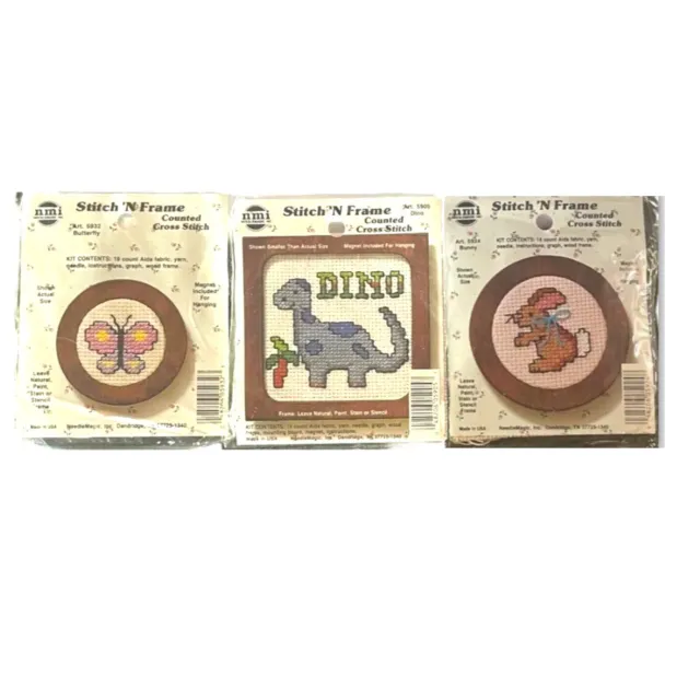 (3) Mini kits de colección de punto de cruz contados mariposa dinosaurio conejo animales insectos de lote antiguo