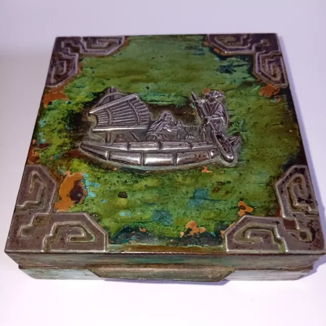 Unusual Antique Vintage Asian Chinese ? Silver Mounted Enamel On Copper Box