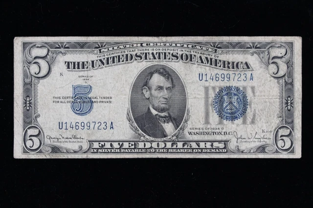 $5 1934D blue seal Silver Certificate Circulated U14699723A Exact Note Shown