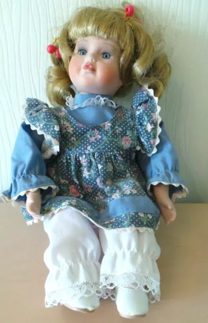 Collectable Porcelain Doll in Blue Dress 23cm (9") When Sitting