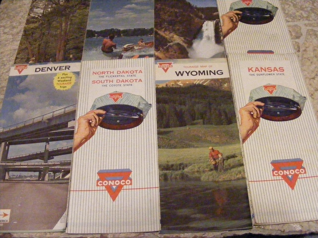 8 Road Maps Conoco Gas Oil Co, Wyoming, Kansas, Denver, Idaho, Yellowstone Park