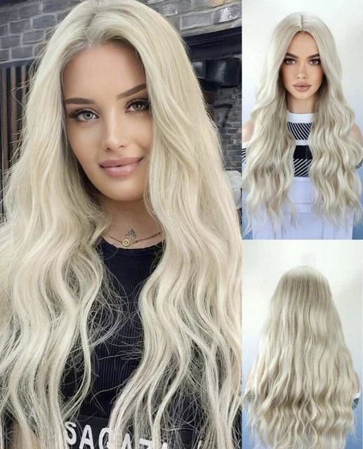 Perruque Synthétique Longue Blonde Platine Ondulée Pour Femme - Bonnet Moyen Monofilament, Neuve Sans étiquettes