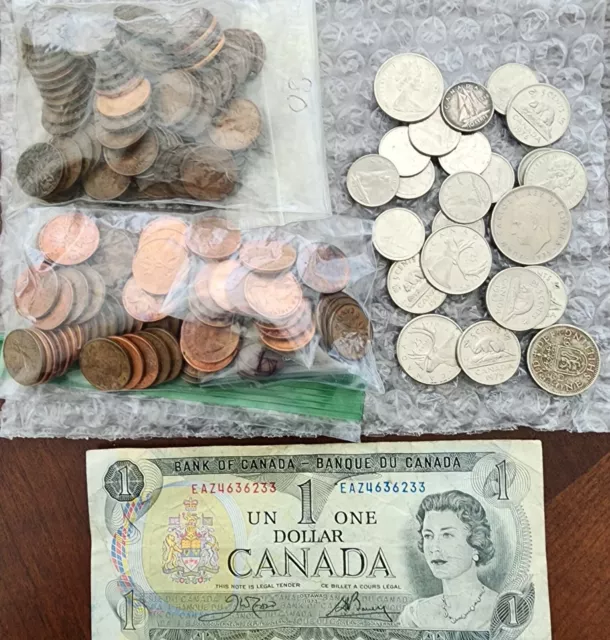 Old Canadian coin lot  Over 100 Coins And One Dollar Billl