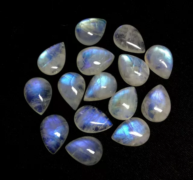 NATURAL BLUE FIRE RAINBOW MOONSTONE 10x8 MM PEAR CABOCHON LOOSE AAA GEMSTONE LOT