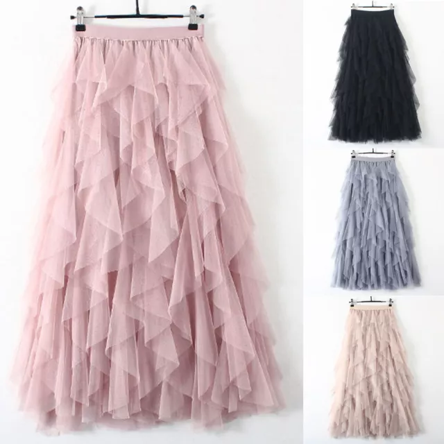 Womens Elastic High Waist Ruffle Mesh Tulle Tutu Skirt Pleated Long Dress AA