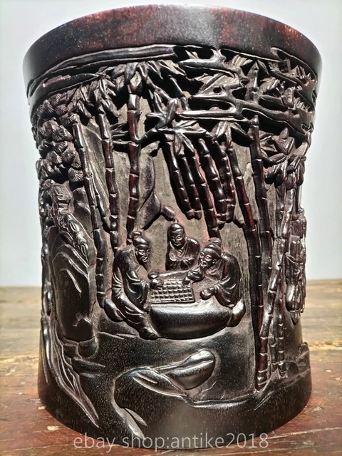 7.2 " Antique Old China Red Sandalwood Carved People Story Brush Pot Pen Case