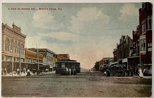 Texas Wichita Falls c1910 Street Scene People Trolley Vintage Litho Postcard