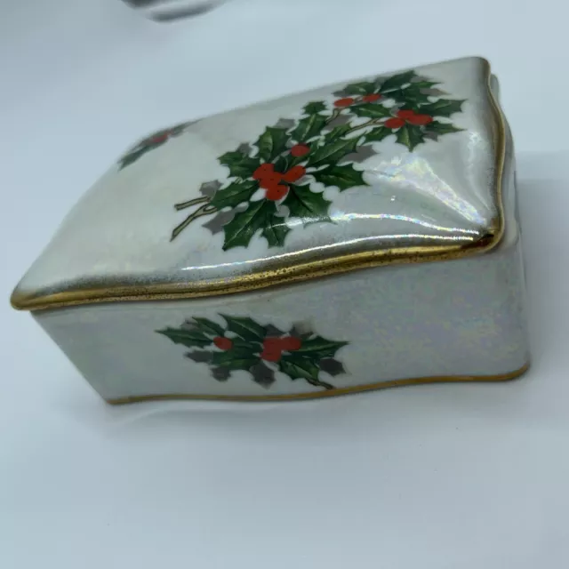 Ucagco China Trinket Box Japan Holly Iridescent Lusterware Christmas Vintage Ucagco China Trinket Box Japan Holly Iridescent Lusterware Christmas Vintage