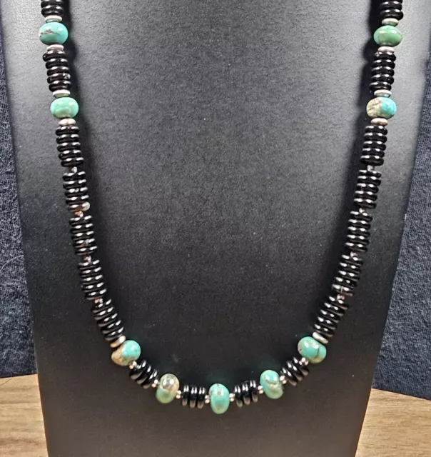 Sterling NAVAJO Pearl Turquoise & Black Onyx Heishi Bead Necklace VTG Silver 18"