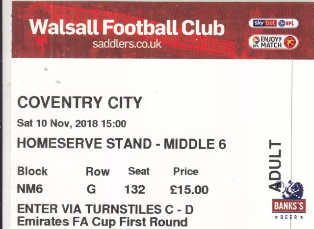 Ticket - Walsall v Coventry City 10.11.18