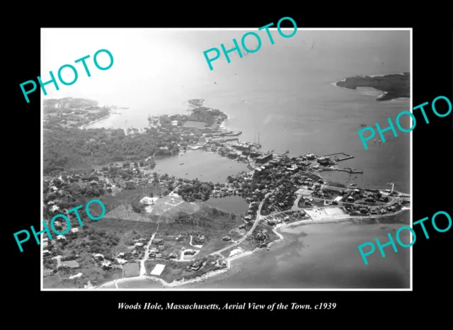 OLD LARGE HISTORIC PHOTO WOODS HOLE MASSACHUSETTS, AERIAL VIEW OF TOWN c1939