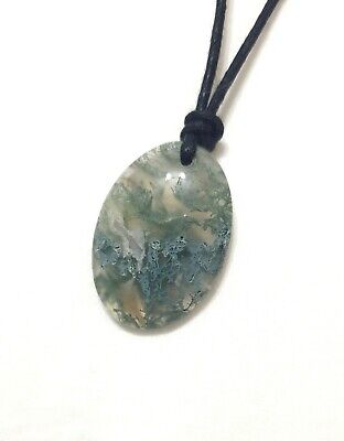 Green Moss Agate Nepal Gemstone Crystal Oval Large Pendant Cord Necklace