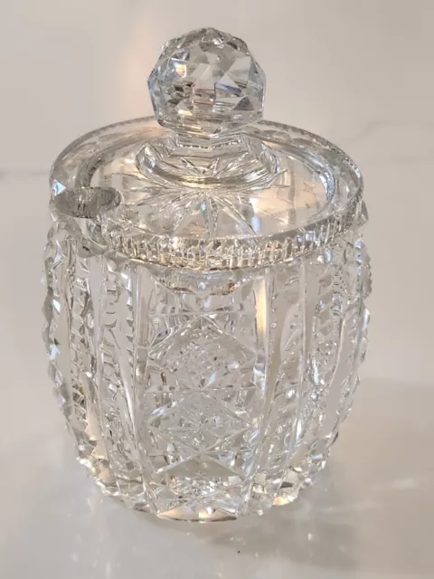 Vintage Clear Cut Crystal Glass Mustard Condiment Jam Jar Pot