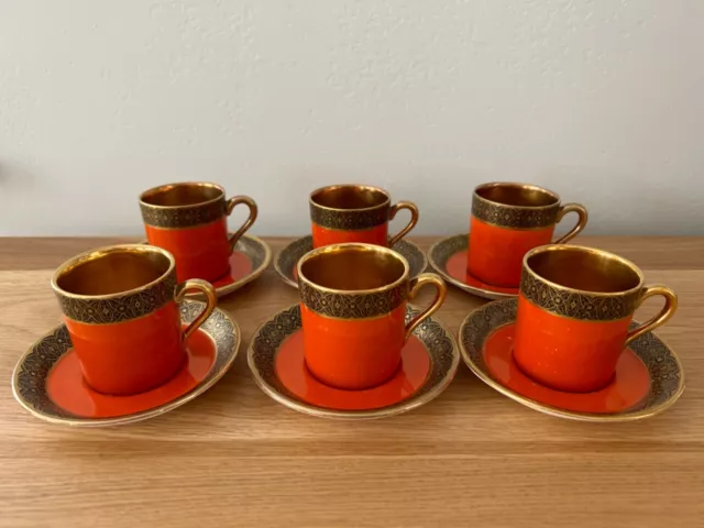 Vintage Carlton Ware  -Set of Six Orange Coffee Cans with Gold Lustre Interior