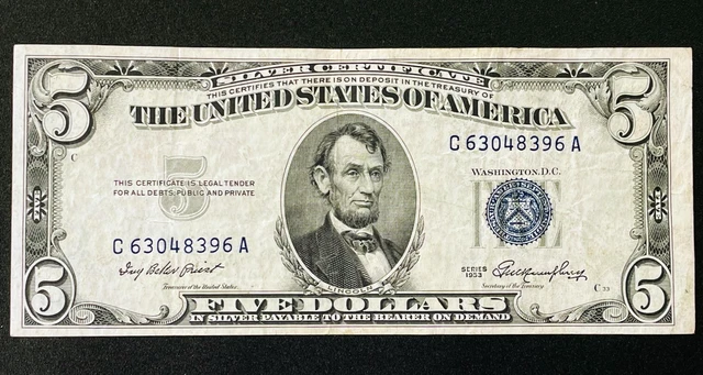 1953 Silver Certificate $5 Series C 5 Dollar Currency Banknote Money Blue Seal
