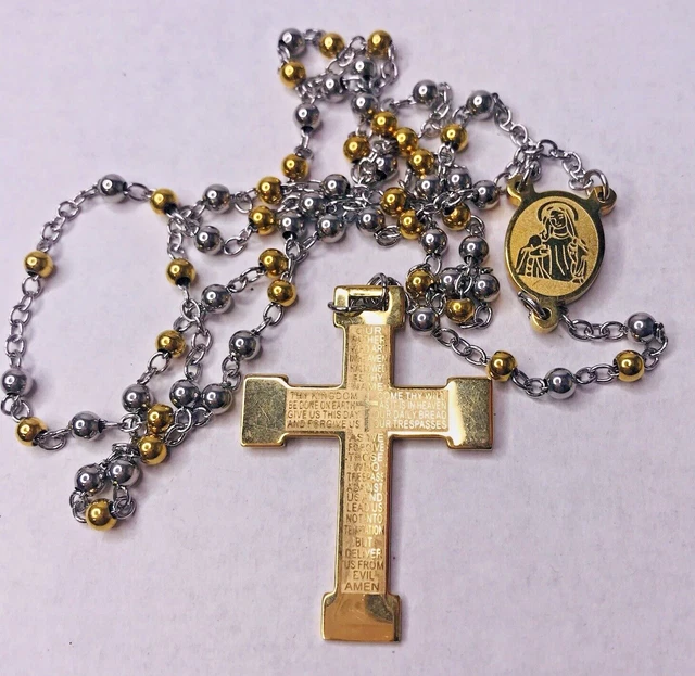 Stainless Steel Rosary Religious Beaded Silver Gold Tone Our Father Prayer Etch