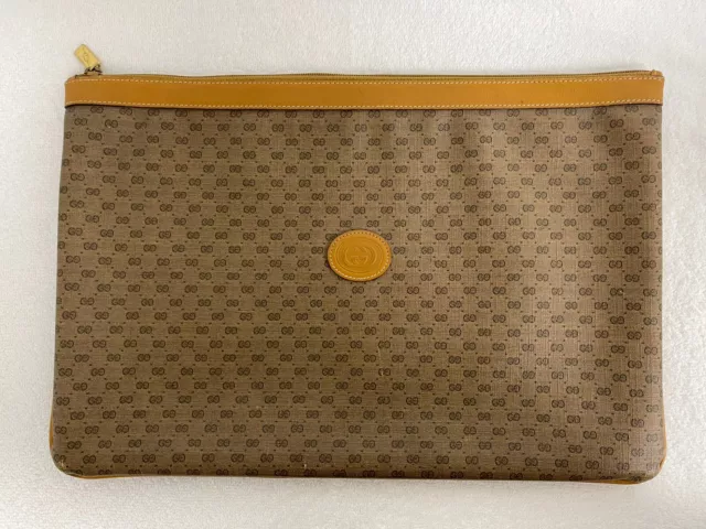 GUCCI AUTH Vintage Leather Brown Monogram Laptop Case Briefcase Clutch Bag Large
