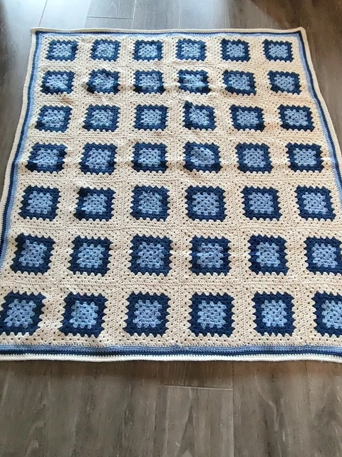 Vintage Granny Square Blue & White Crochet Afghan Blanket 52" x 78" Washable