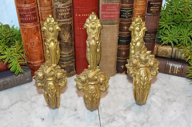 Antique Set of 3 French Gilt Bronze Ormolu Drapery Tie Back Hooks Floral Roses