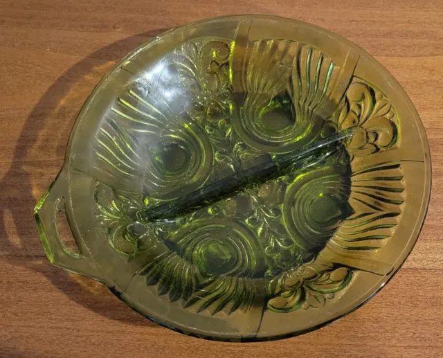 Vintage Green Glass Divided Serving Dish Mid-Century Depression Candy Jewelry
