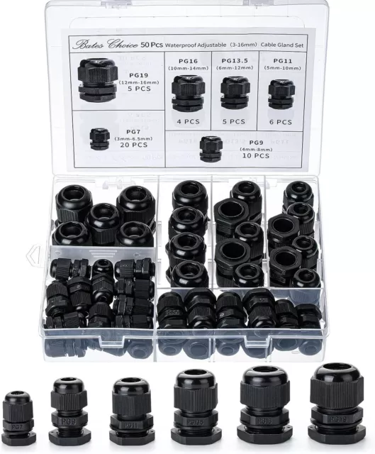 Nylon Cable Gland, 50 pcs, Waterproof Cable Connector Black Cord Grip, Plastic