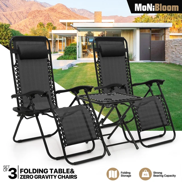 3 PCS[ZERO GRAVITY CHAIR+FOLDABLE TABLE SET]Beach Reclinable Lounge w
