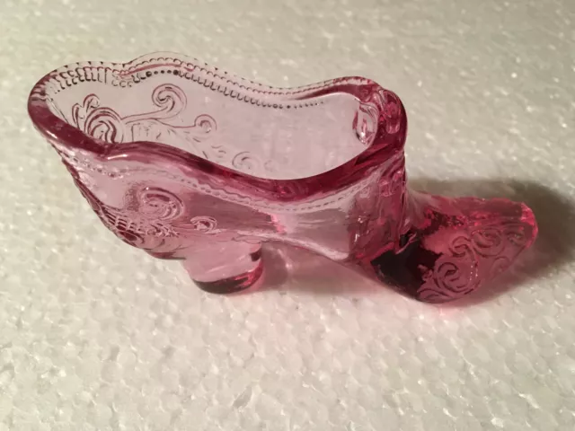 Vintage Mosser Light Pink Glass Shoe Slipper with Bow & Beaded Rim Scroll Design