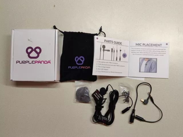 Purple Panda Lavalier Lapel Microphone Kit  Clip on Lav Mic, Black