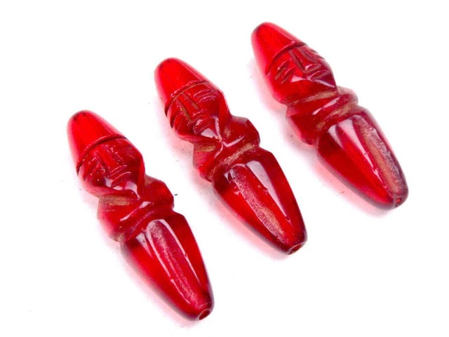 Lot Of 3 Old Tibetan Red Crystal Carved Ancient Figurine Shaped Beads #11292204