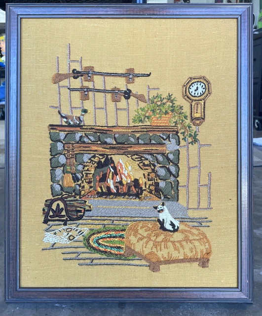 "Crewel bordado de colección años 70 acabado cacería caña bordado enmarcado 17"" x 14"