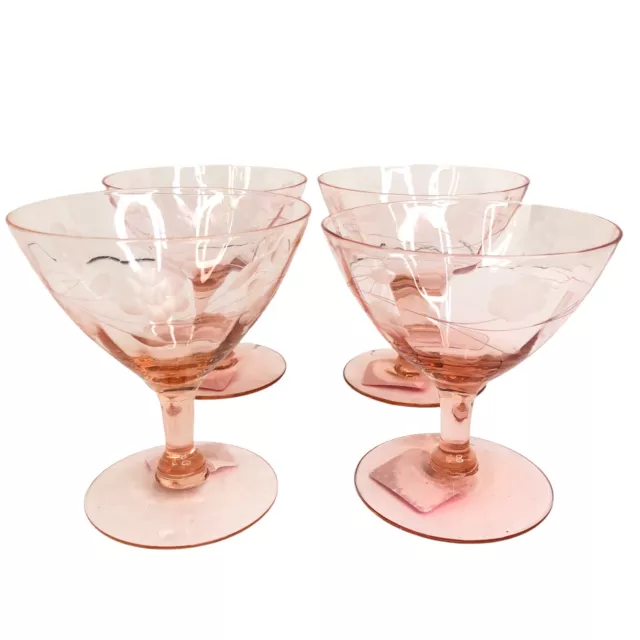 Lot Of 4 Vintage Pink Depression Etched Wine Champagne Stem Glasses Barware Home