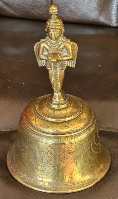 Antique 9" Indian brass temple bell Hindu Hanuman Tibetan two faced deity -GT10