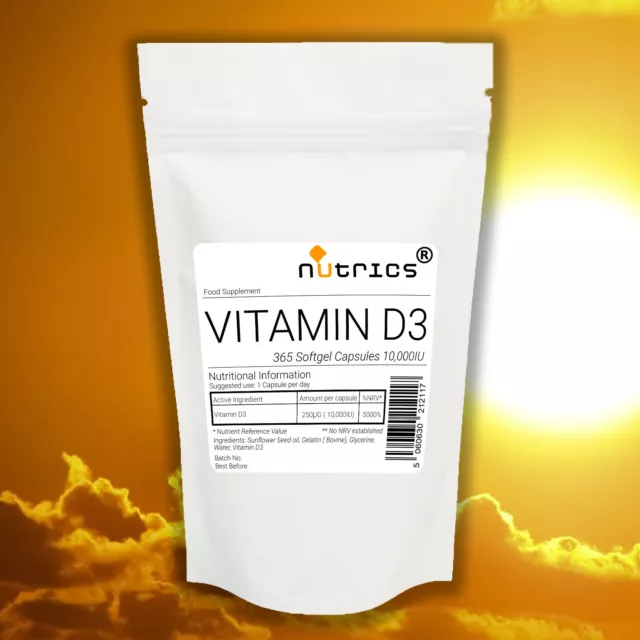 Cápsulas de gel suave Nutrics® vitamina D3 D-3, cápsulas blandas de 10.000iu 10000 UI