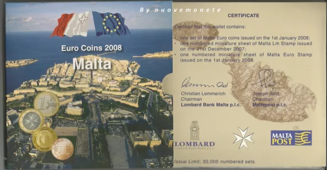 MALTA  2008 8 monete BU LE PRIME IN euro con 2 foglietti filatelici