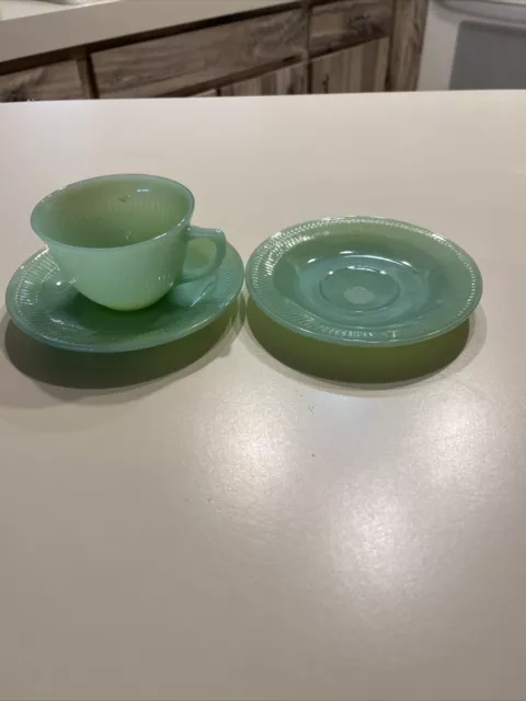 Fire King Jadeite Jane Ray Cup And Saucers