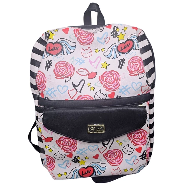 Luv Betsey Johnson Backpack Travel White Roses Black‎ Stripe Hearts Stars NEW s-l1200.jpg main image 4