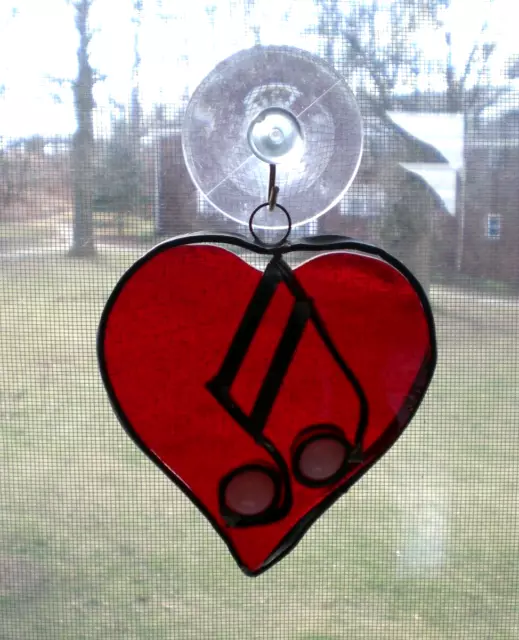 Stained Glass 4-Inch Heart & Music Note Hanging Window Suncatcher (Handmade)