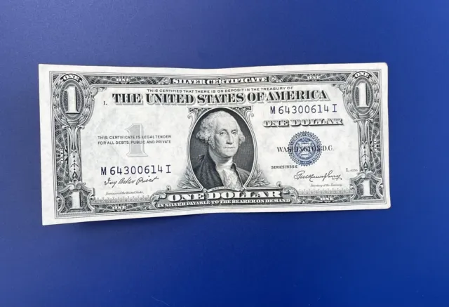 US Silver Certificate Blue Seal One Dollar Bill Series 1935E M64300614I